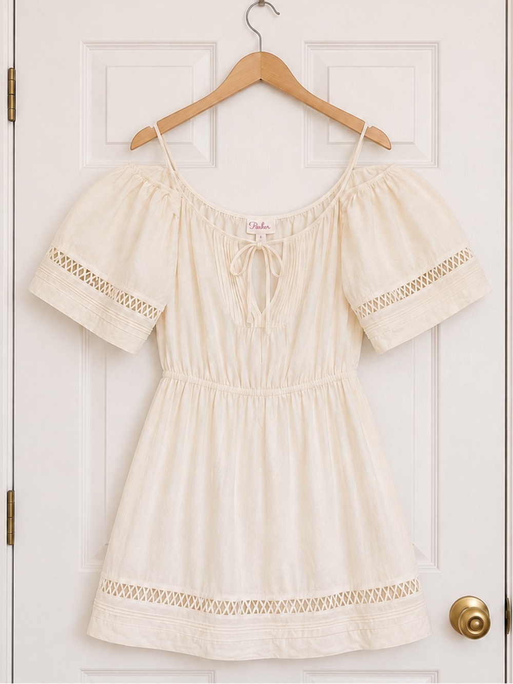 Parker 100% Silk Ivory Puff Sleeve Ladder Trim Mini Dress